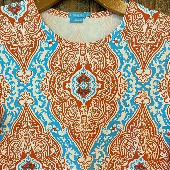 J. McLaughlin S Blue Orange Bali Design Round Neck Long Sleeve Top - Picture 4 of 8